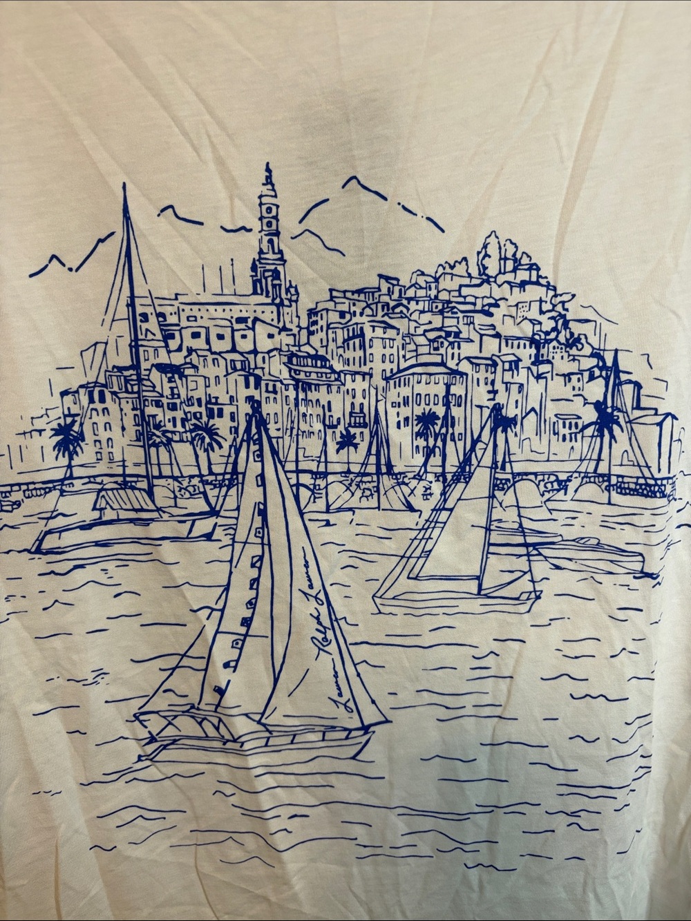 Lauren Ralph Lauren White Tee with Blue Nautical Sketch Cotton-Modal Size XL NWT - Picture 2 of 8
